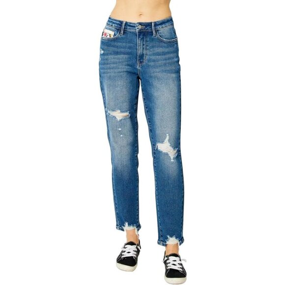 Denim - High Waist Boyfriend Jeans Cotton Spandex Relaxed Fit Queen of Hearts Detail